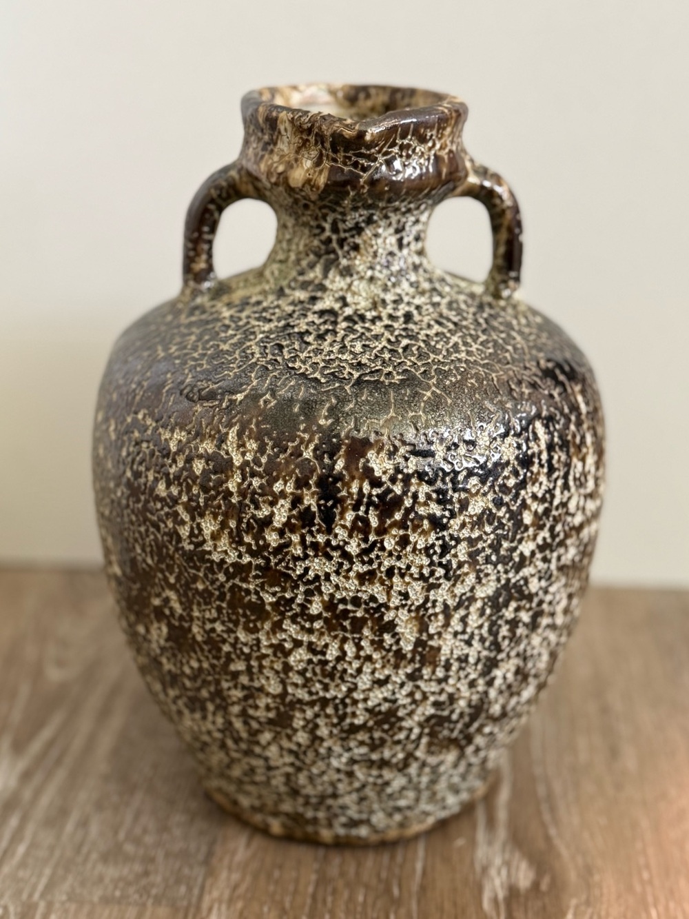 New Three Hands Corp Speckled Brown Cream Vase Rustic Ceramic 9.5” 71740
